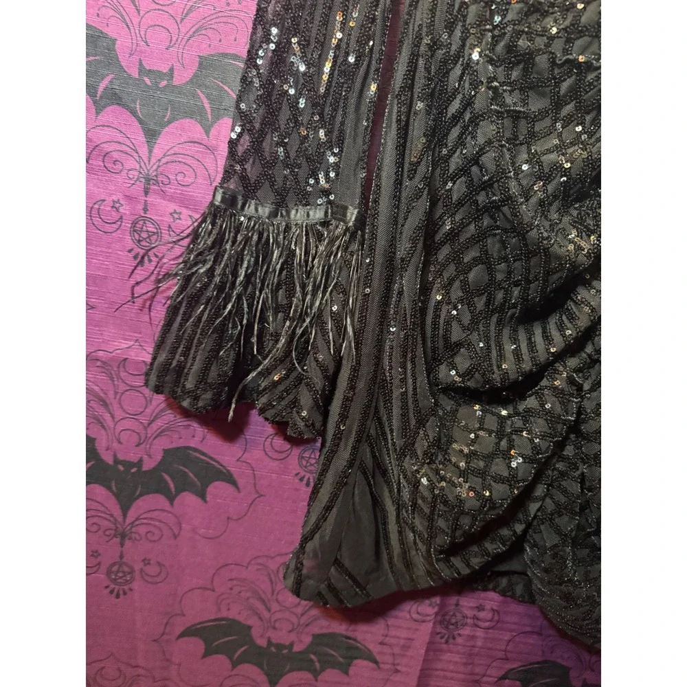 Windsor Black Sequin Feather Cuff Long‎ Sleeve Mini Dress Party EUC Large